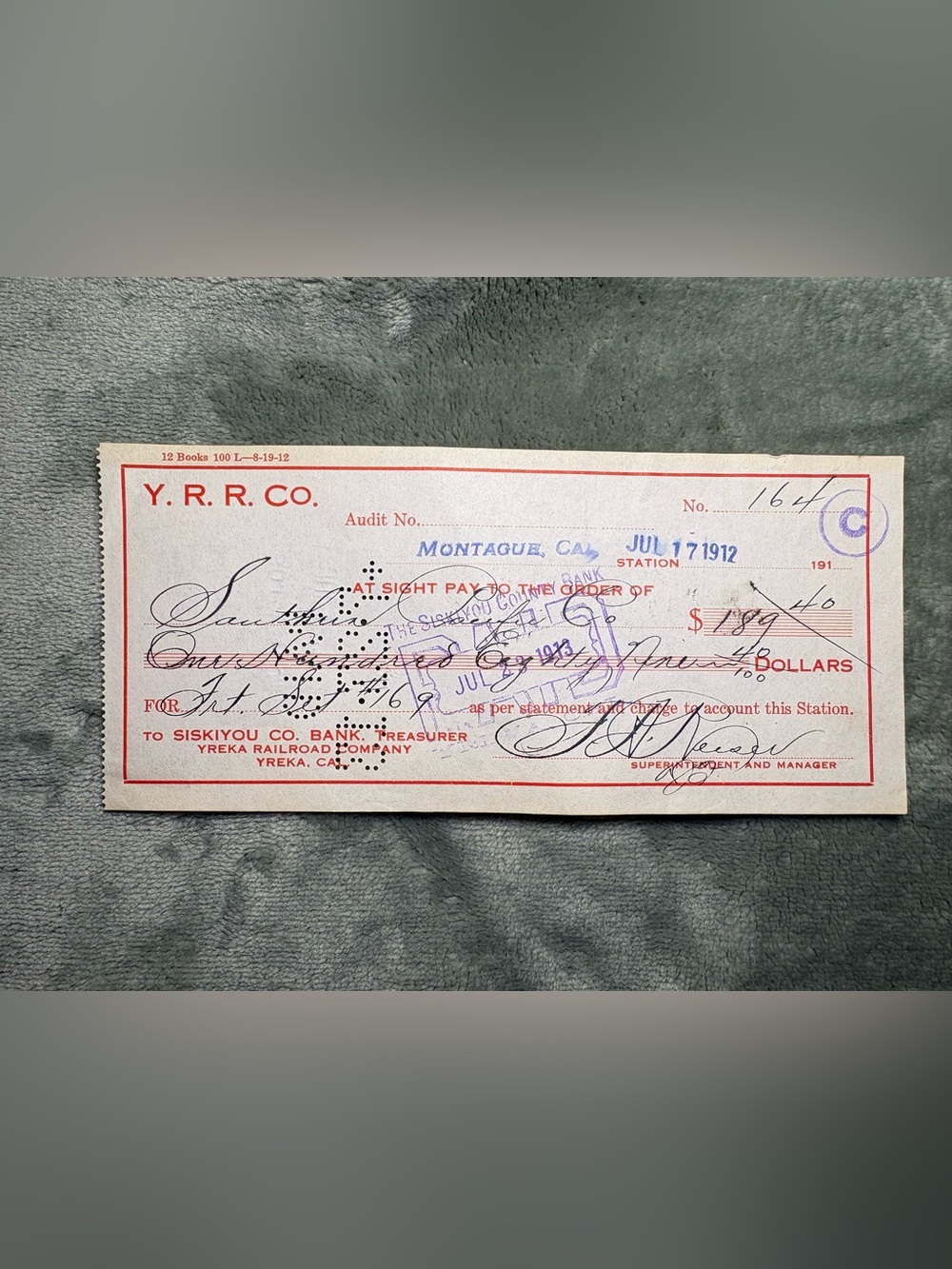 1913 Yreka Railroad Co. antique bank check Siskiyou County California